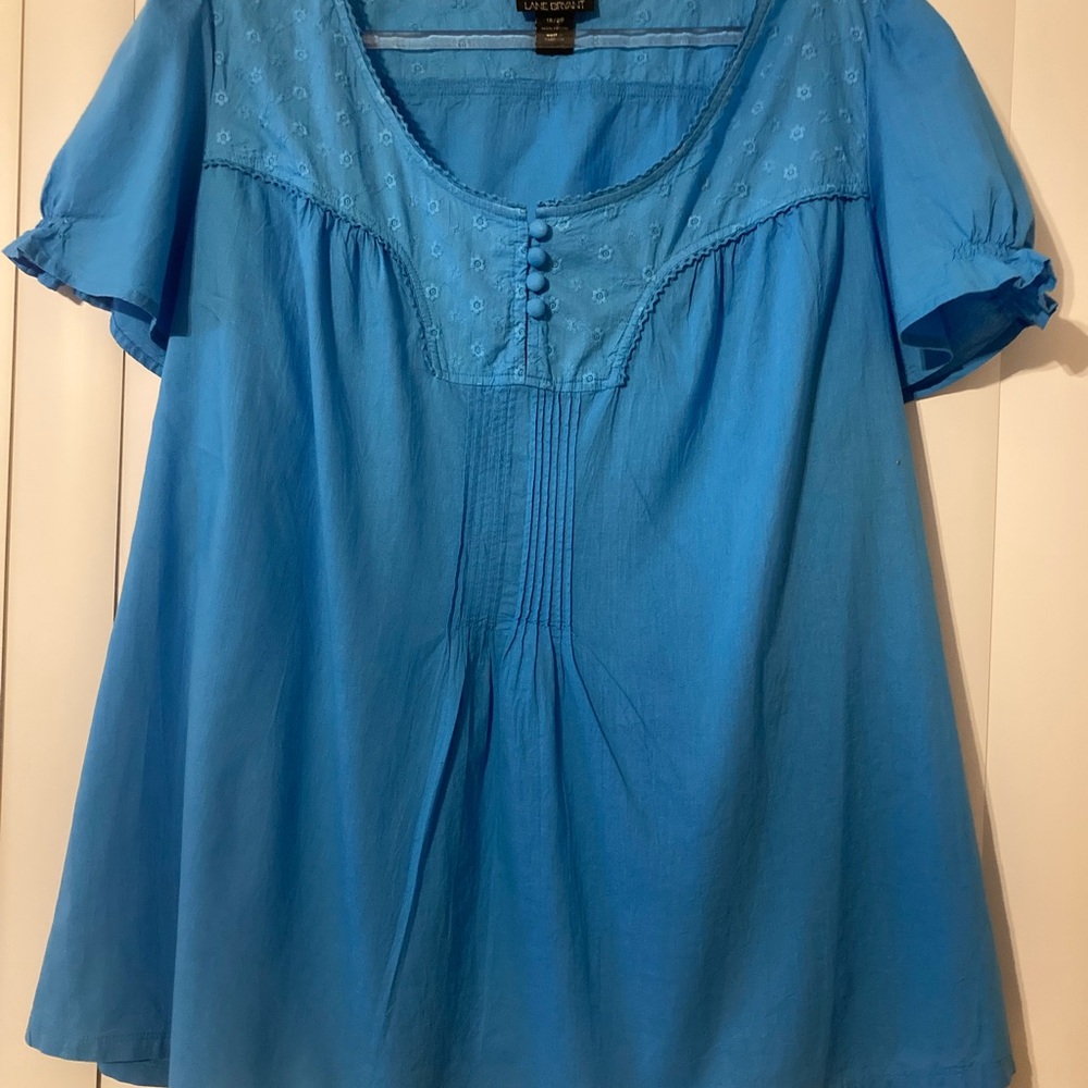 Lane Bryant Blue 100% Cotton Peasant Top Plus Size 18/20 Floral Embroidered